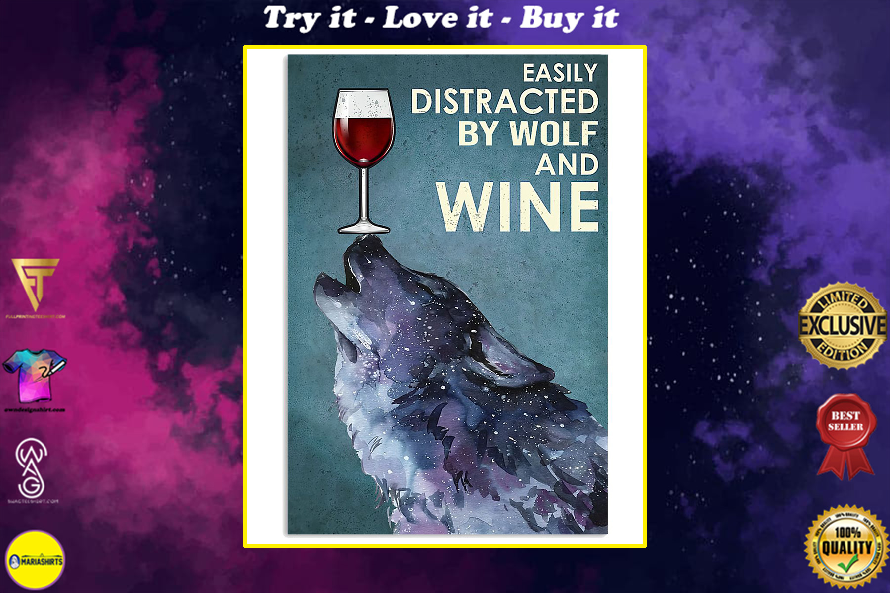 easily distracted by wolf and wine poster