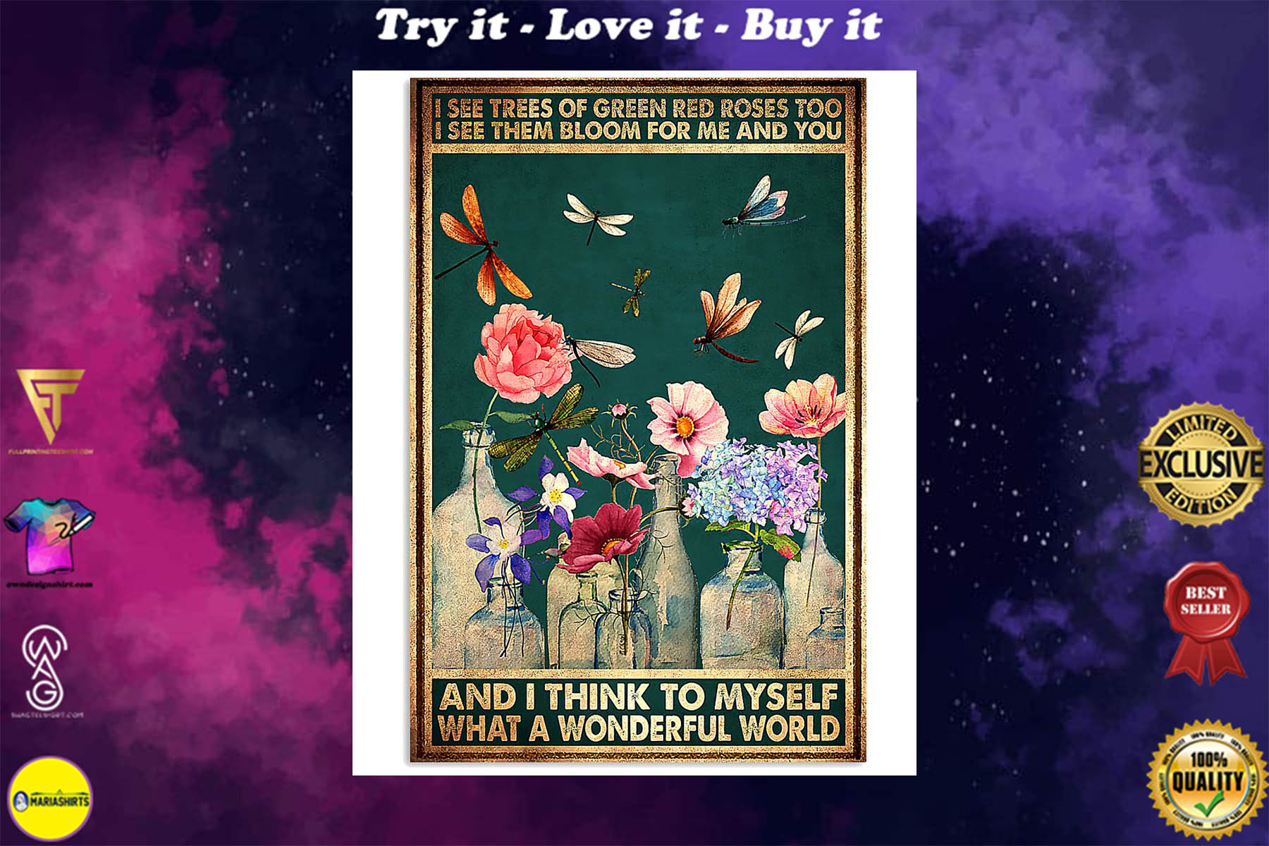 vintage dragonfly and flower i see trees of green red roses poster