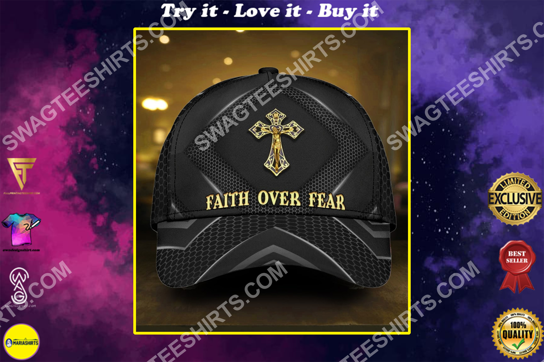 faith over fear God cross ?all over printed classic cap