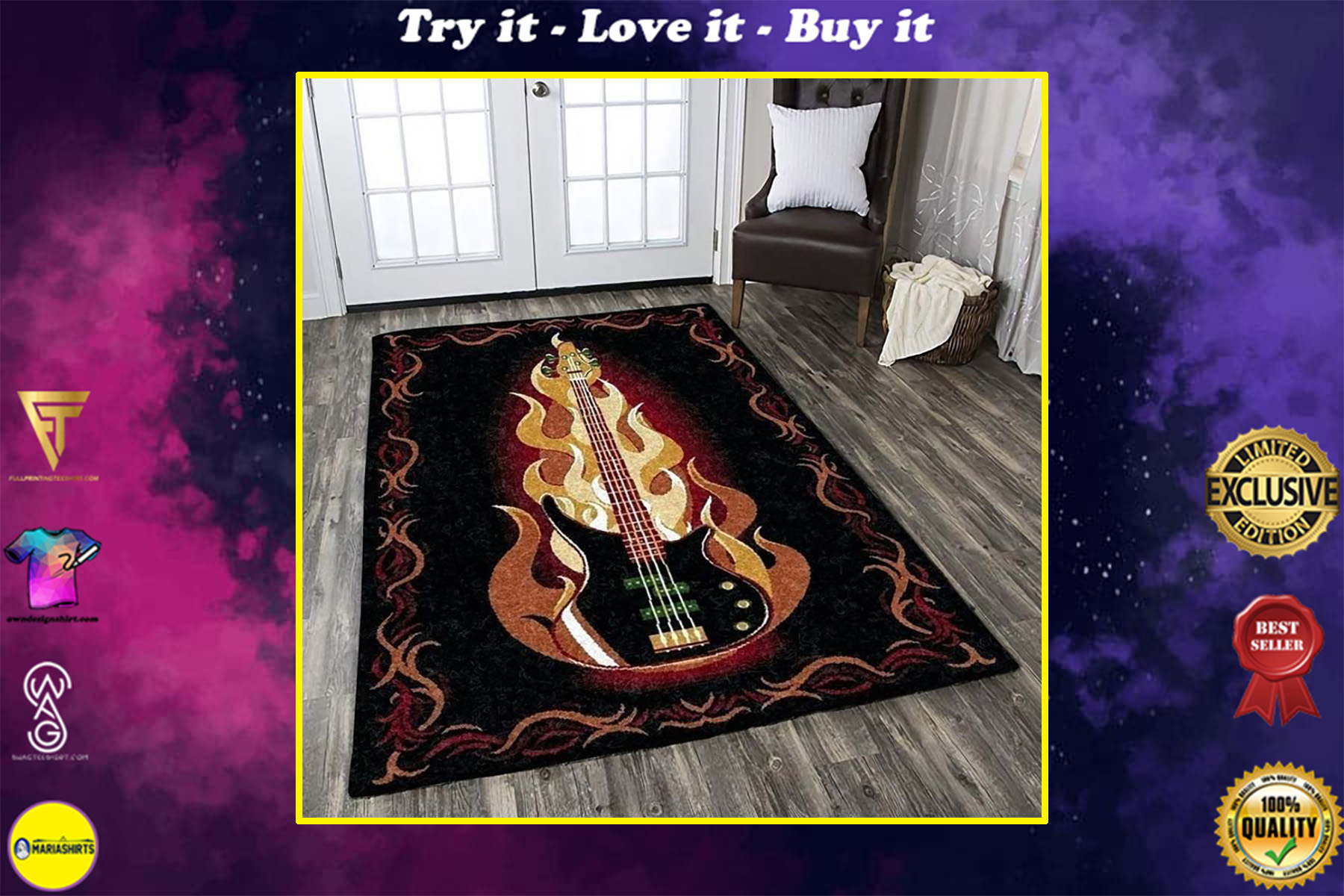 fire bass guitar all over printed rug