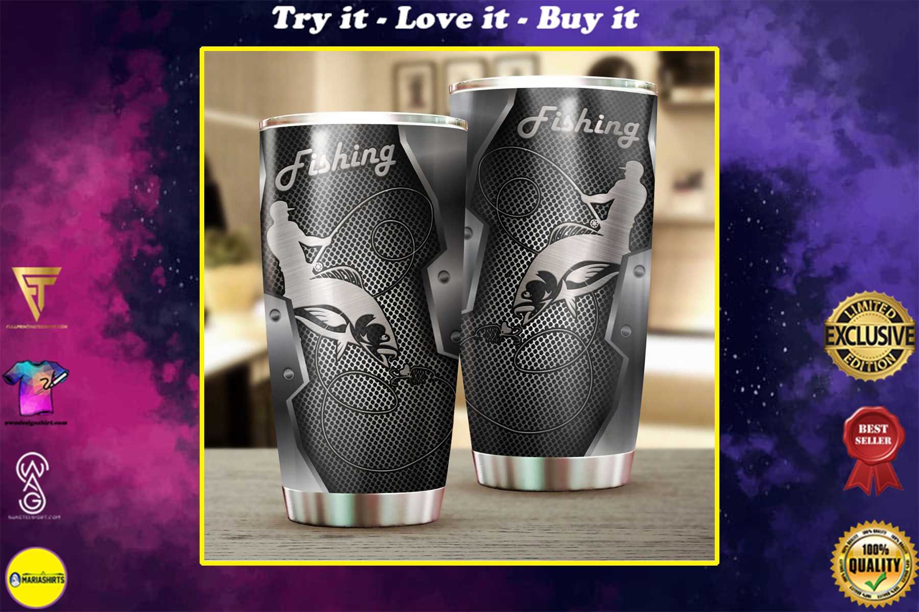 fishing metal all over print stainless steel tumbler