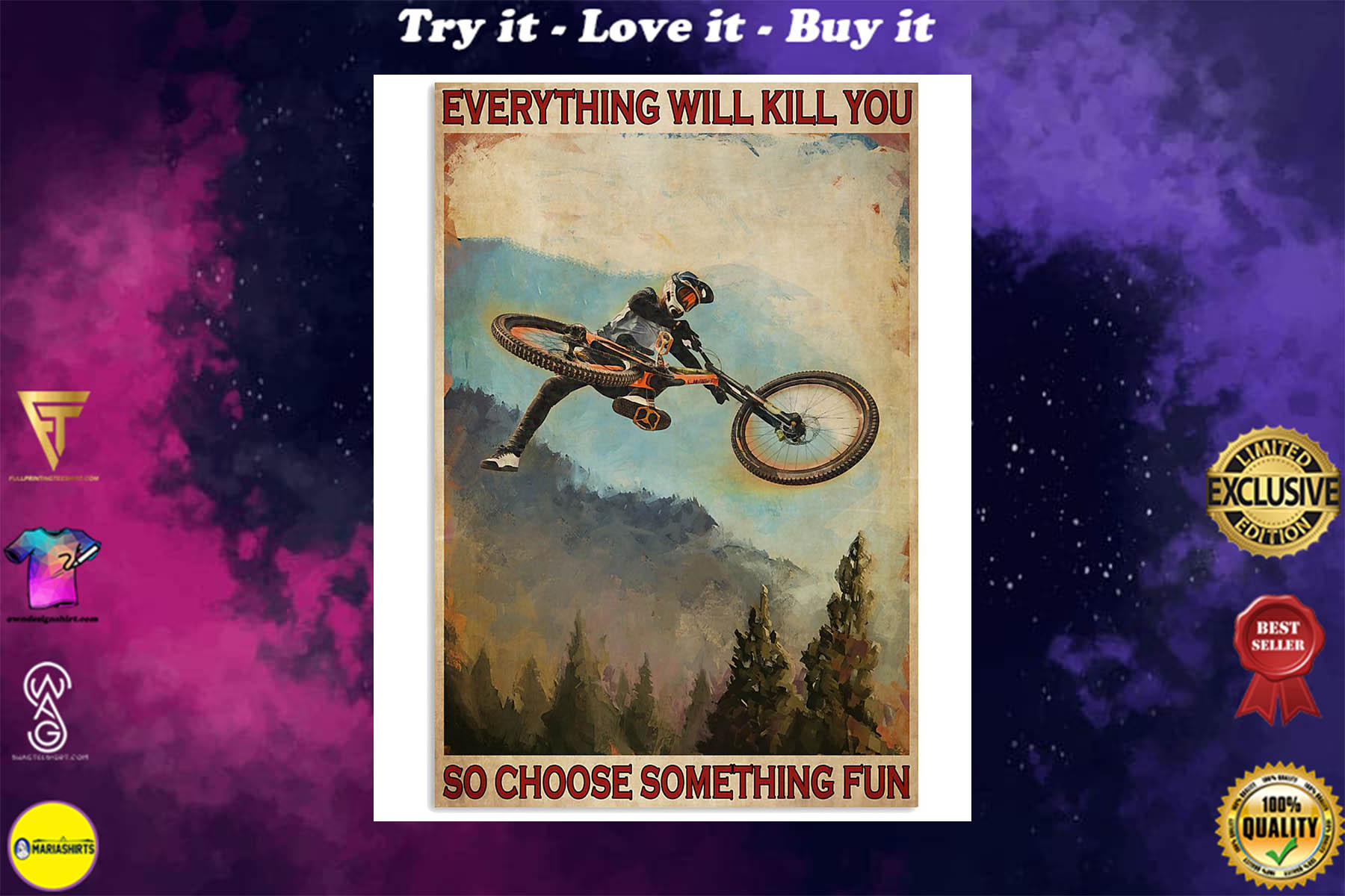 [highest selling price] everything will kill you so choose something fun mountain biking retro poster