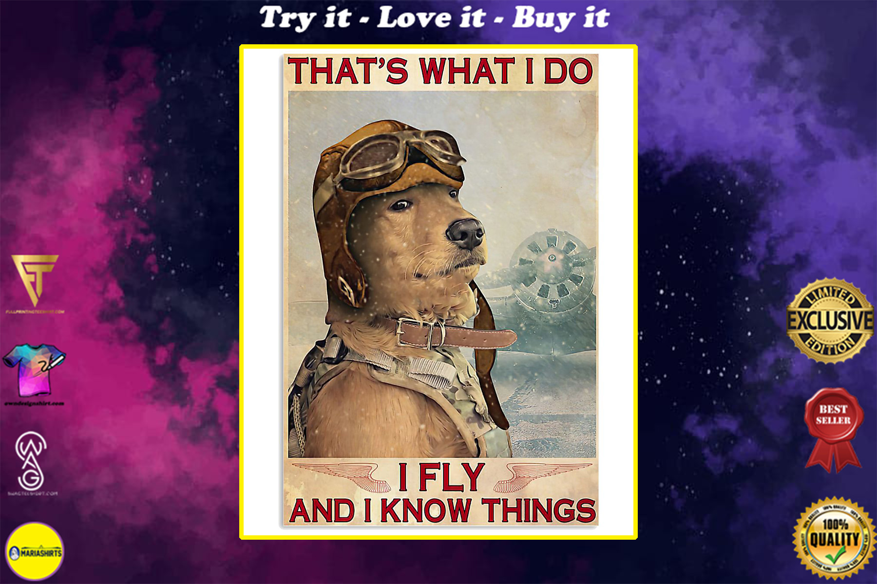 golden retriever thats what i do i fly and i know things retro poster