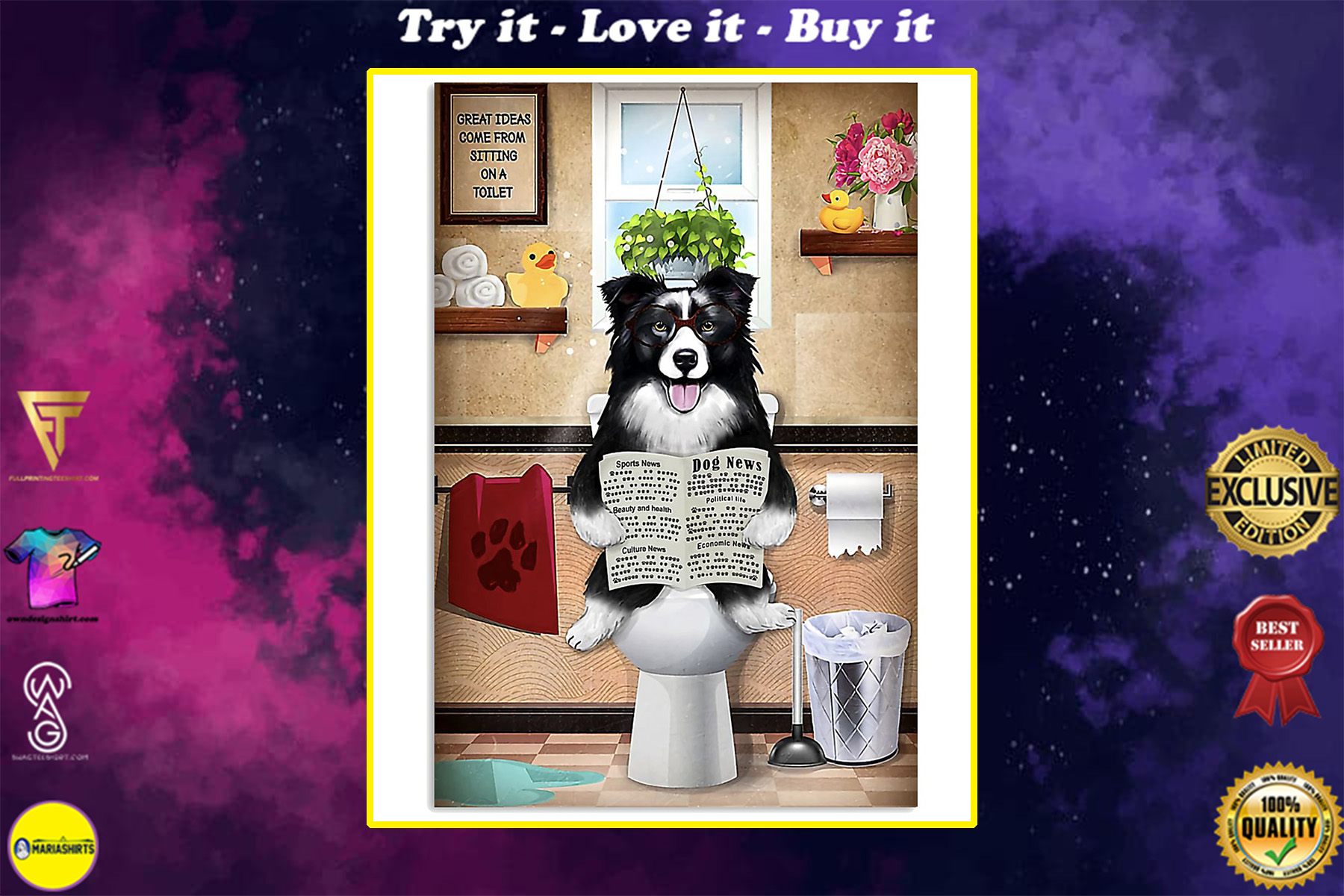 great ideas border collie sitting on toilet poster