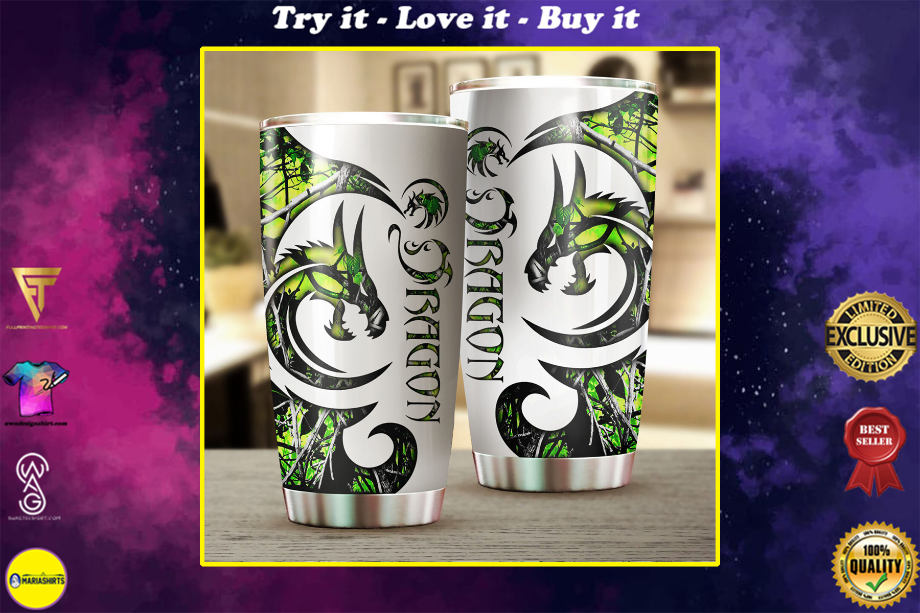 green neon dragon all over print stainless steel tumbler