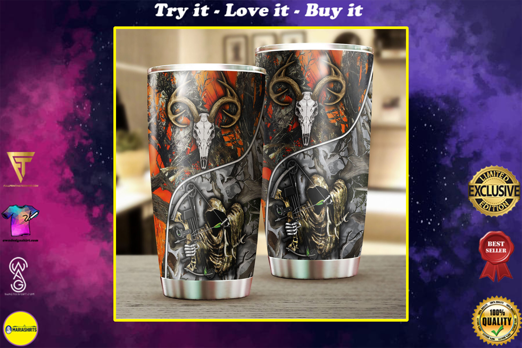grim reaper bow hunter camo all over print stainless steel tumbler
