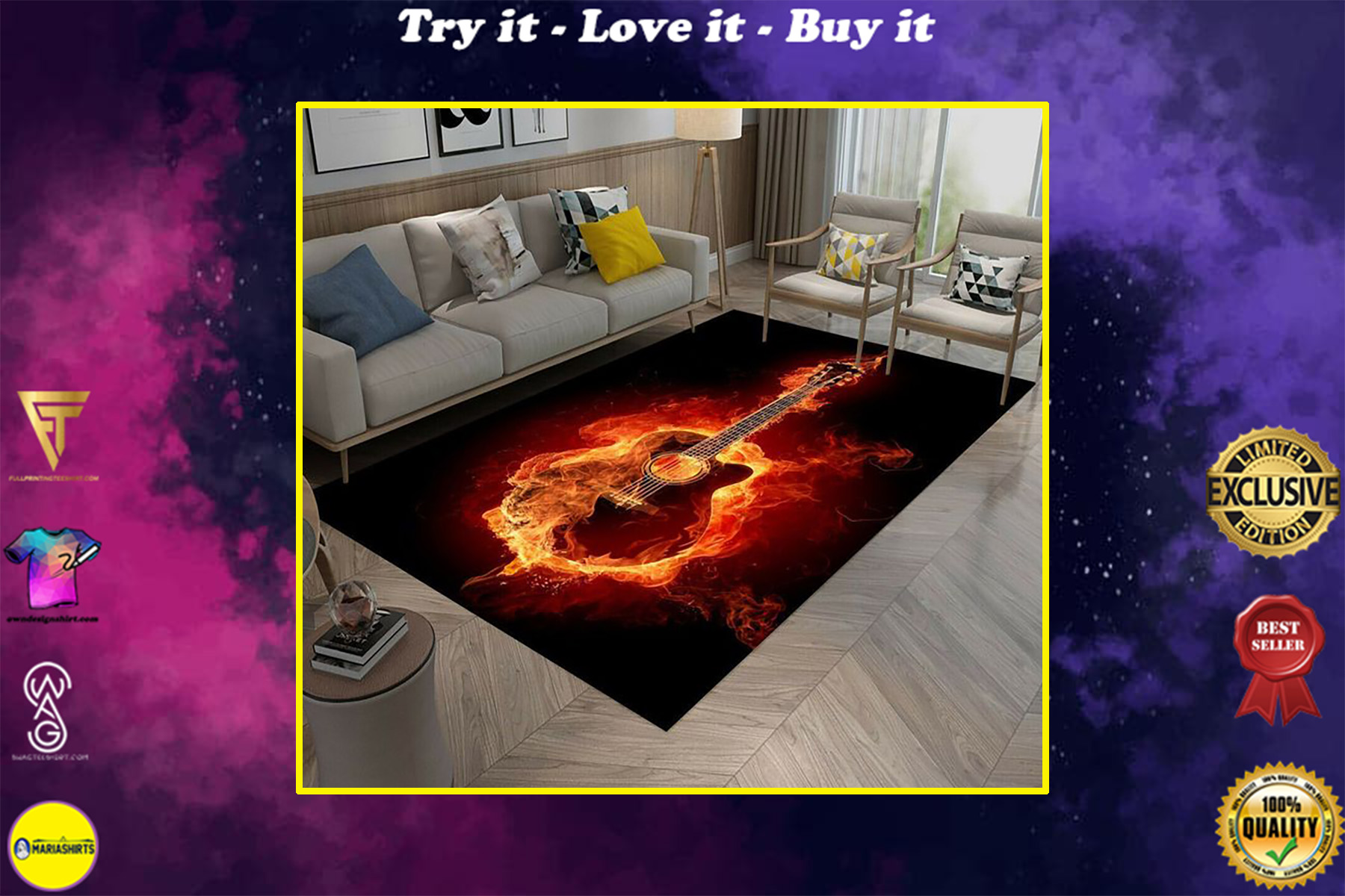 guitar on fire all over printed rug