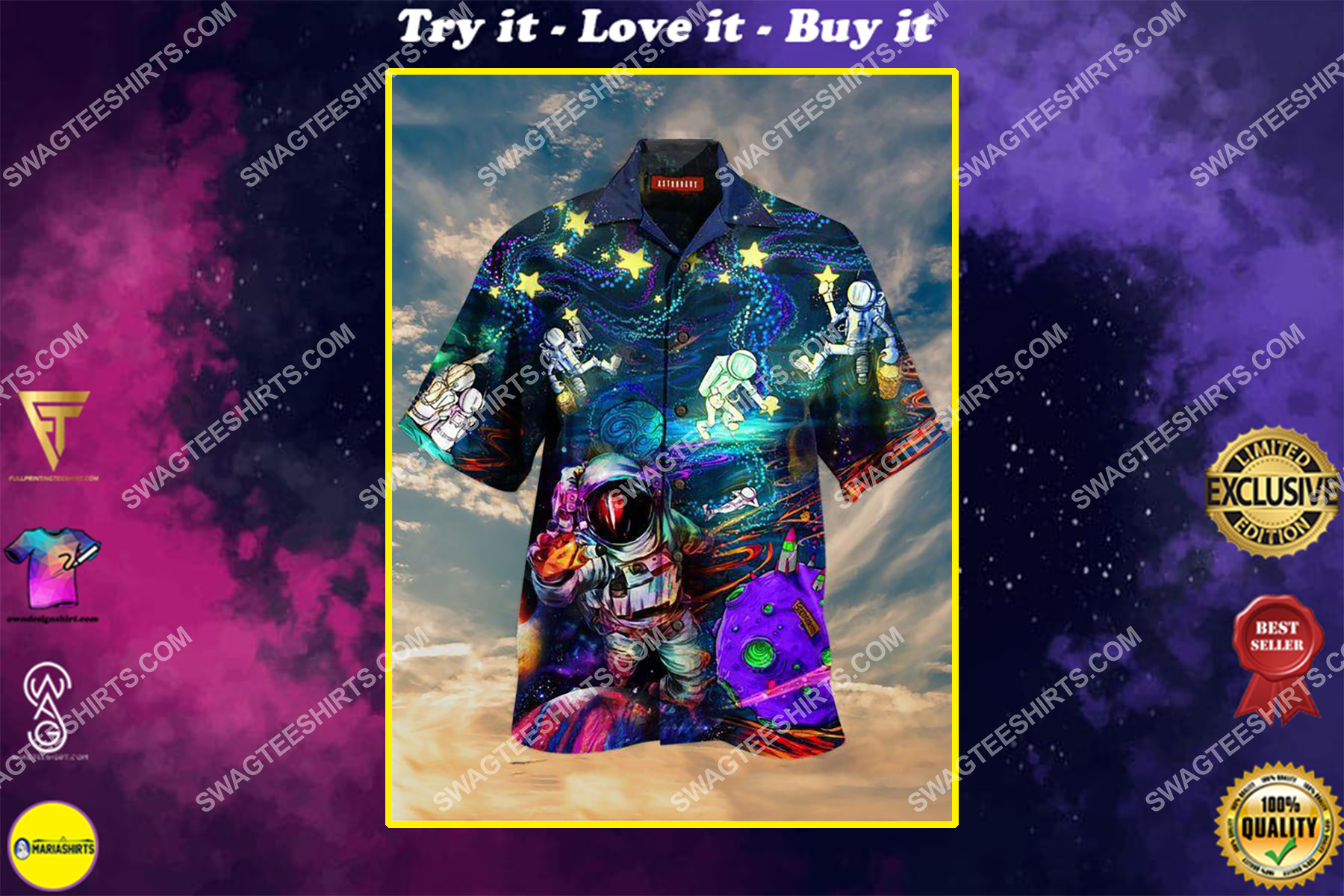 hippie astronaut all over printed hawaiian shirt