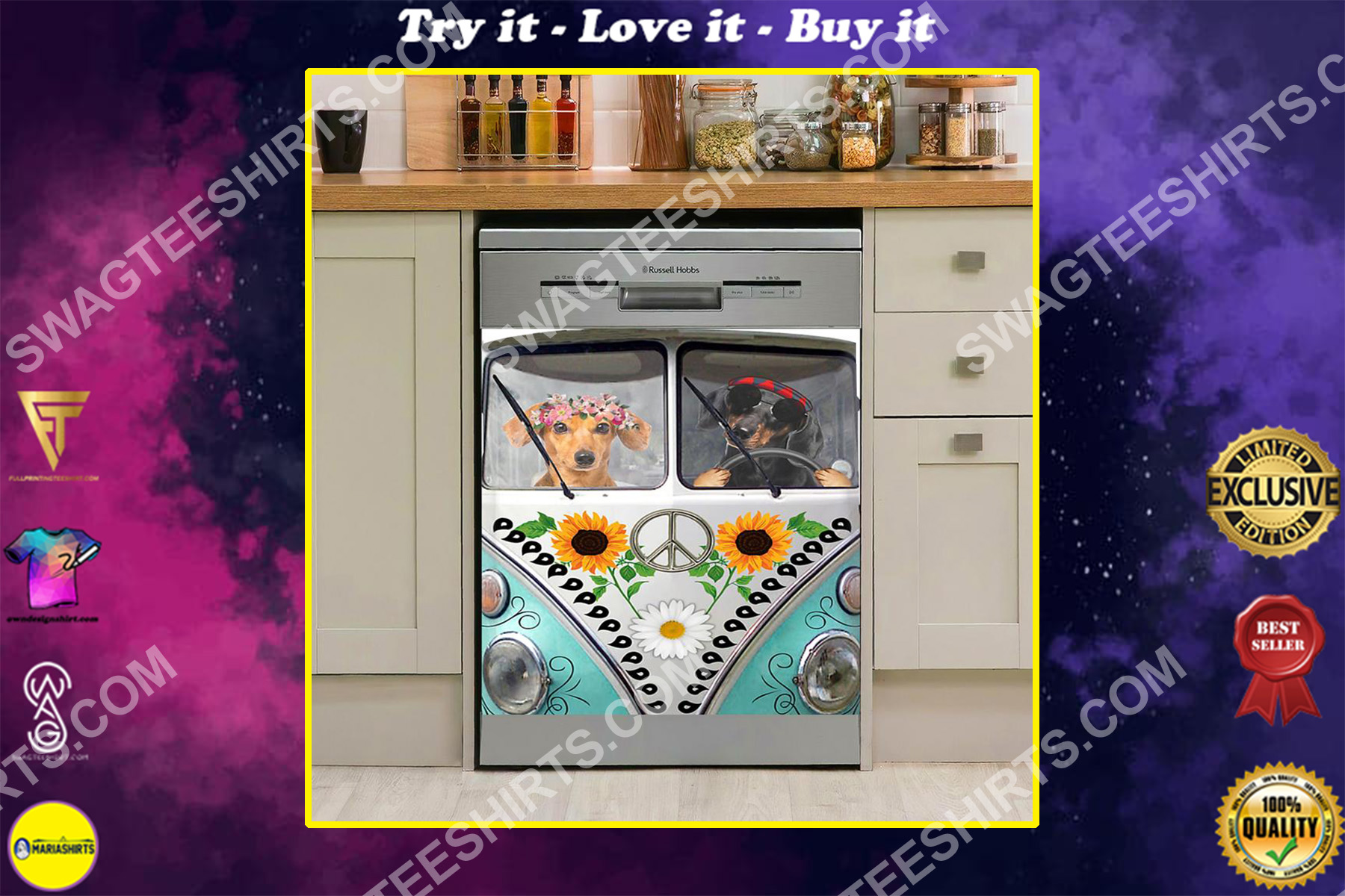 hippie dachshund dog kitchen decorative dishwasher magnet cover