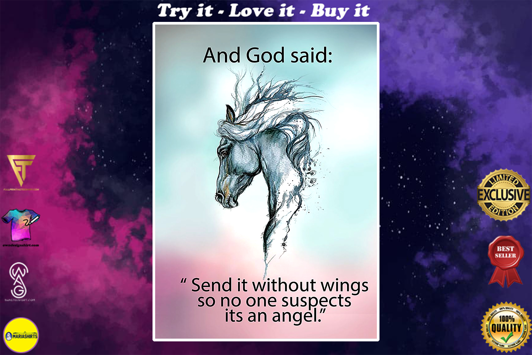 horse and God said send it without wings so no one suspects its an angle poster