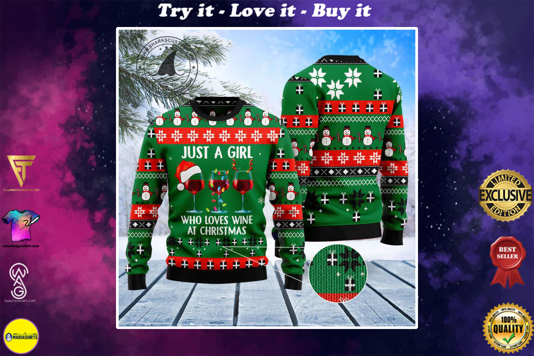 just a girl who loves wine at christmas all over printed ugly christmas sweater