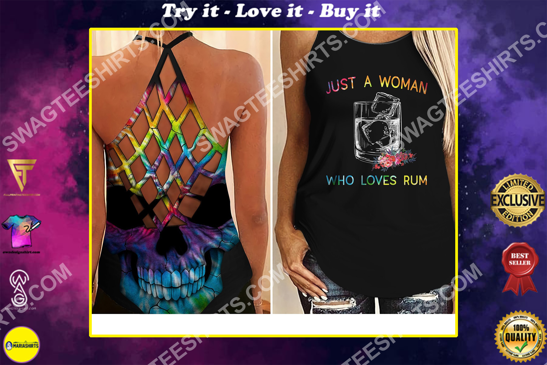 just a woman who loves rum all over printed criss-cross tank top
