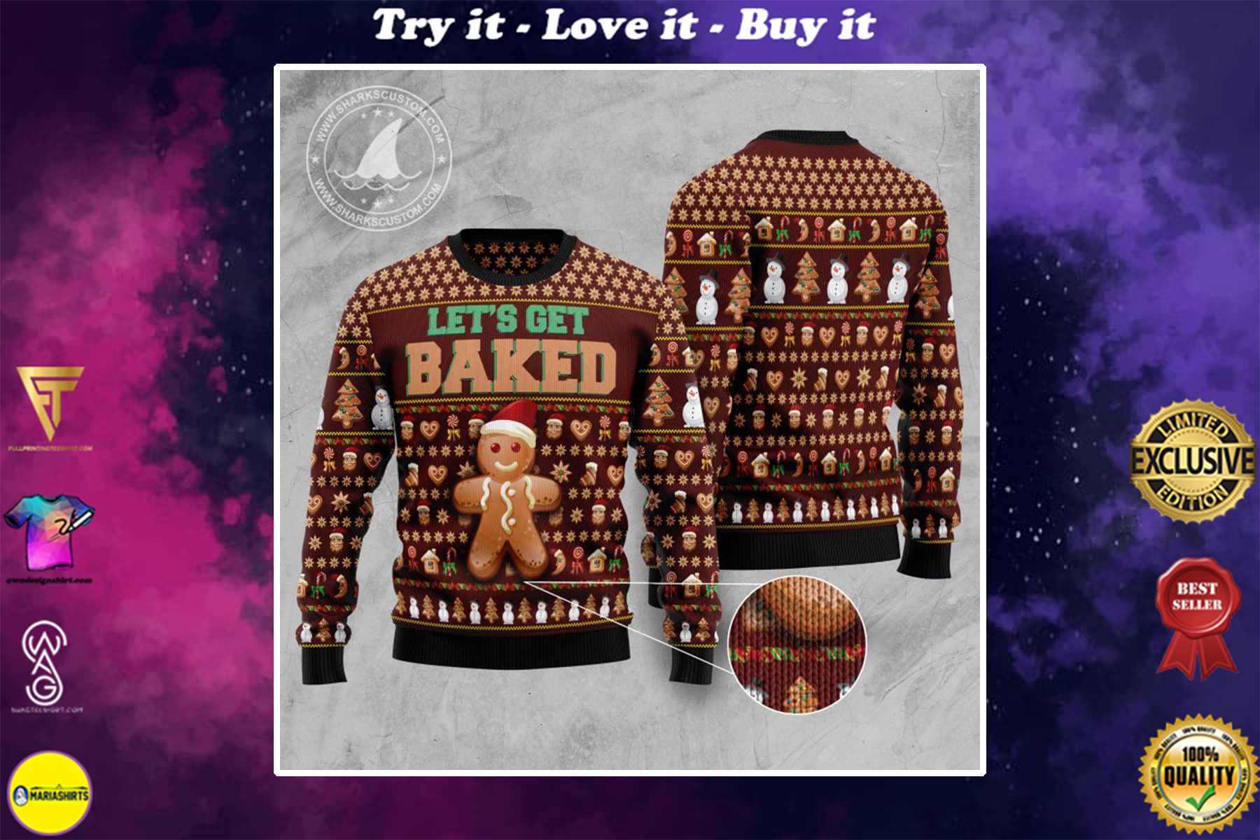 lets get baked all over printed ugly christmas sweater