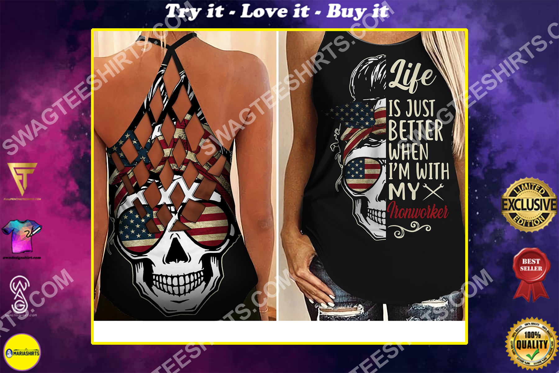 life is just better when i'm with my ironworker skull criss-cross tank top