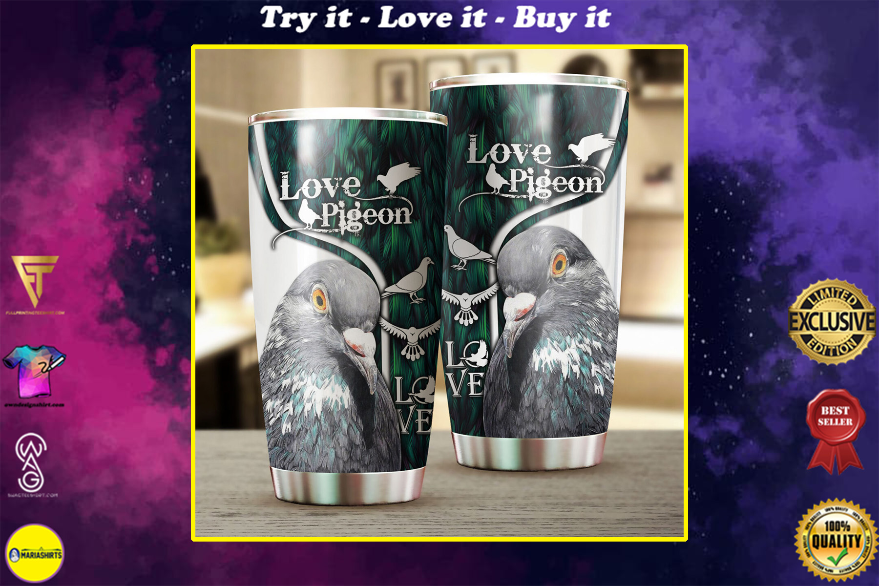 love pigeon all over print stainless steel tumbler