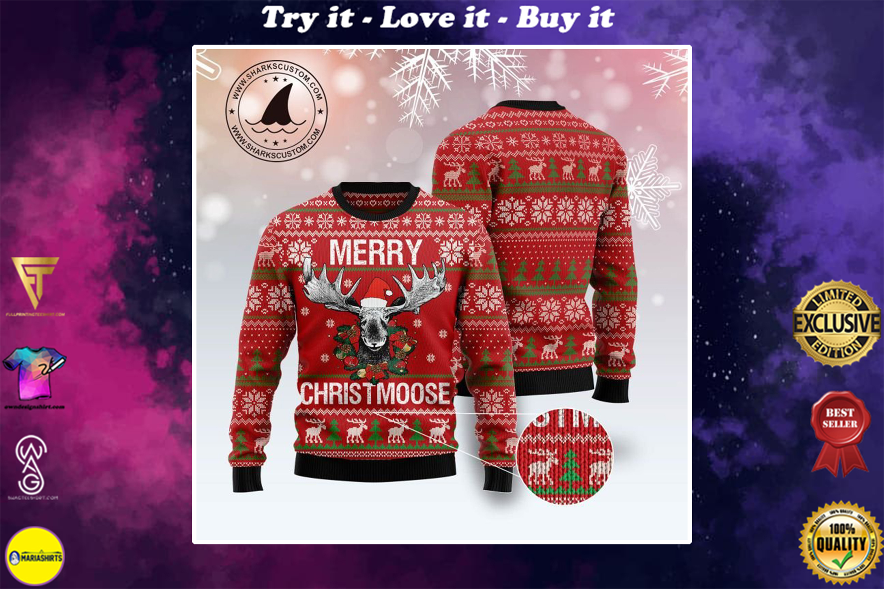 merry christmoose all over printed ugly christmas sweater