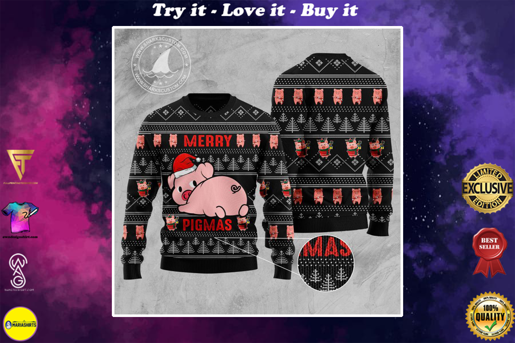 merry pigmas all over printed ugly christmas sweater