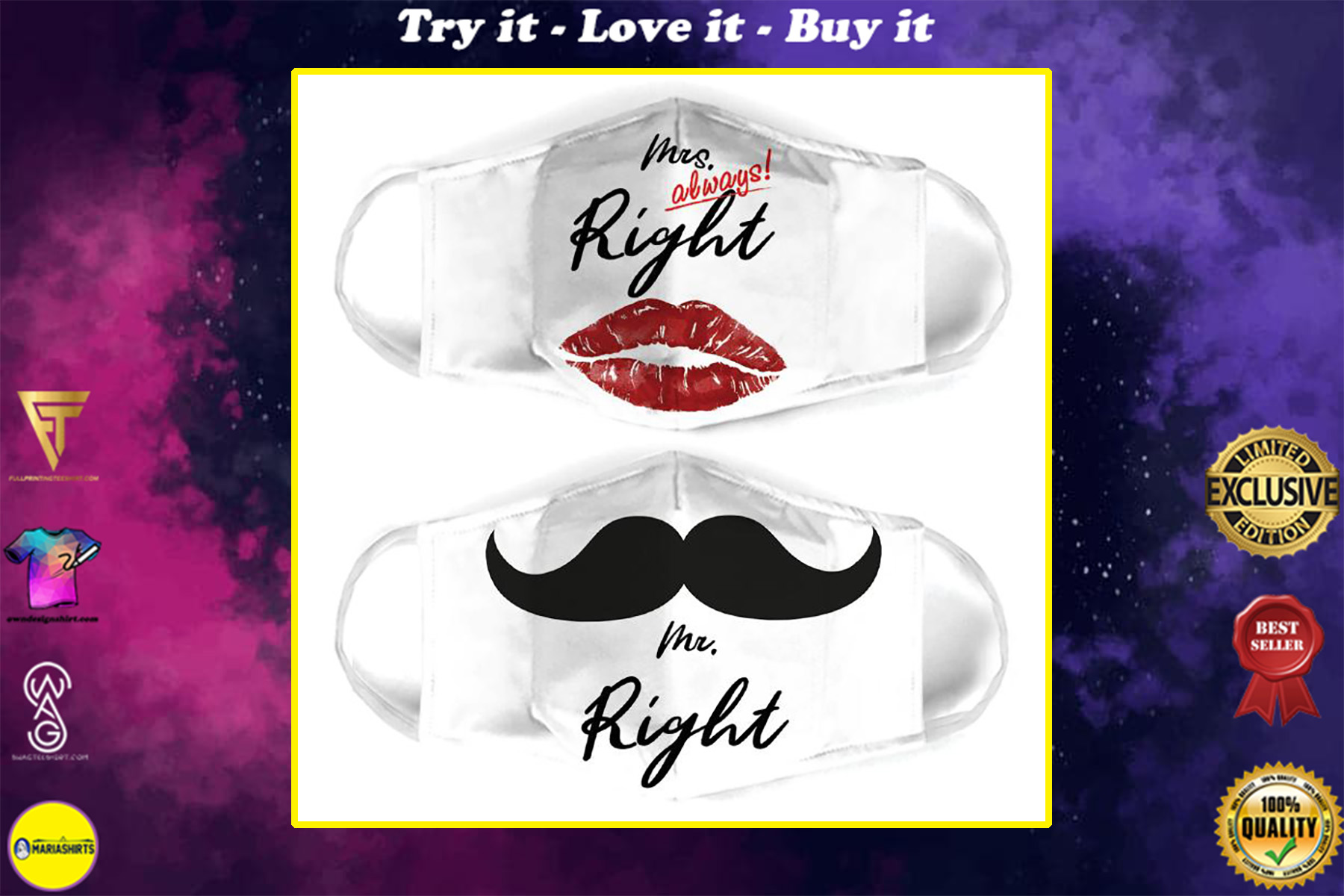 mr right mustache for couple love all over print face mask