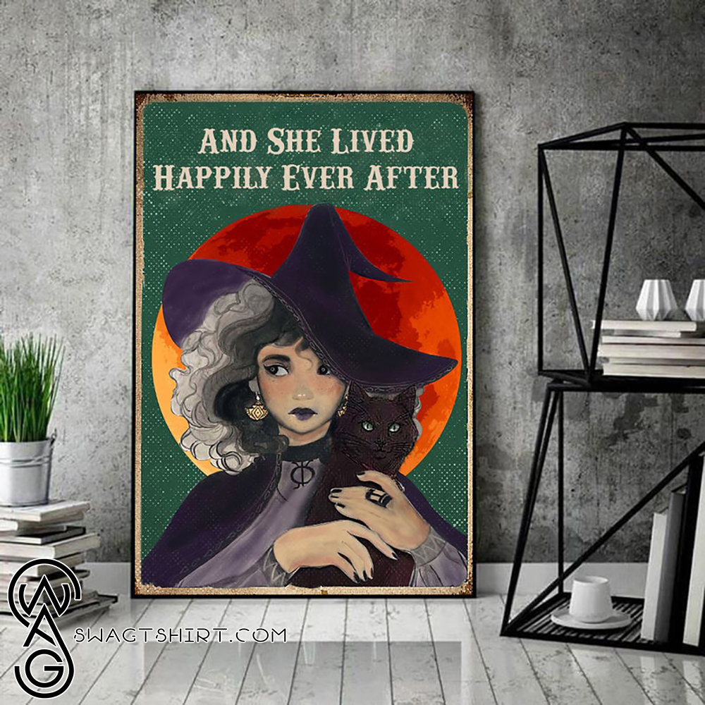 Witch and she lived happily ever after black cat vintage poster