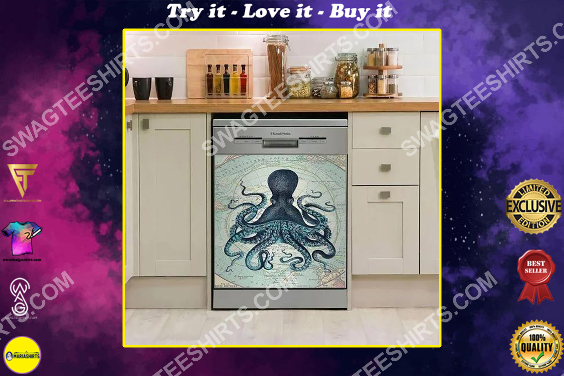 octopus and sea map kitchen decorative dishwasher magnet cover