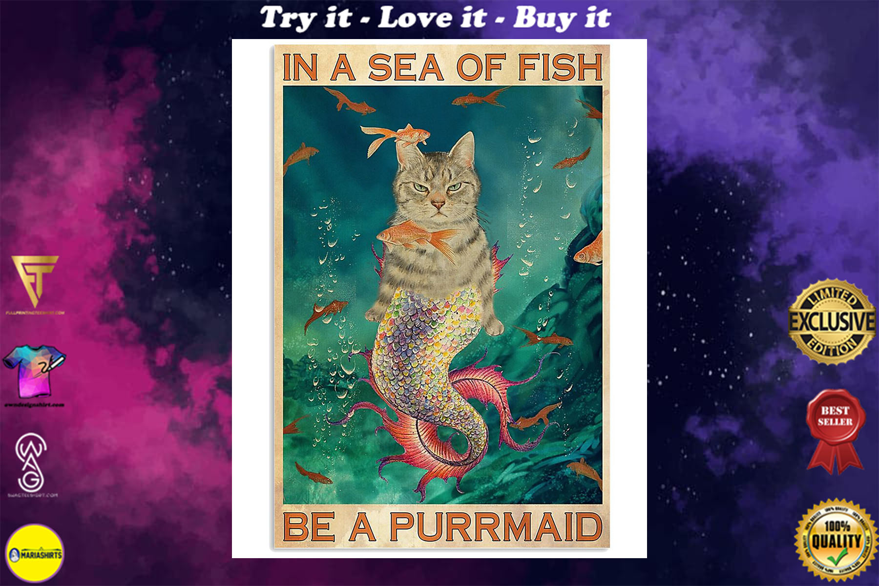 in a sea of fish be a purrmaid cat retro poster
