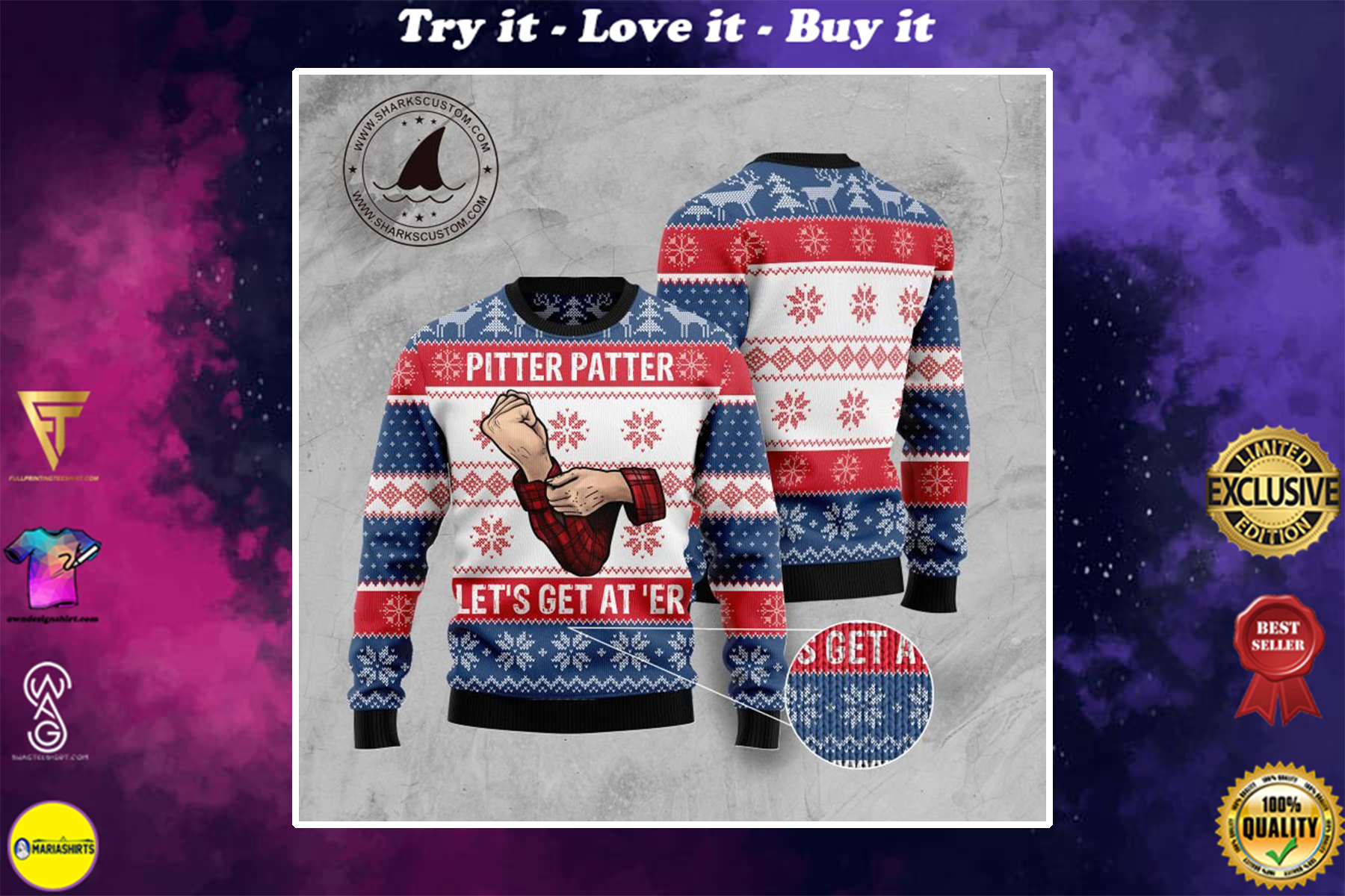pitter patter lets get at er all over printed ugly christmas sweater