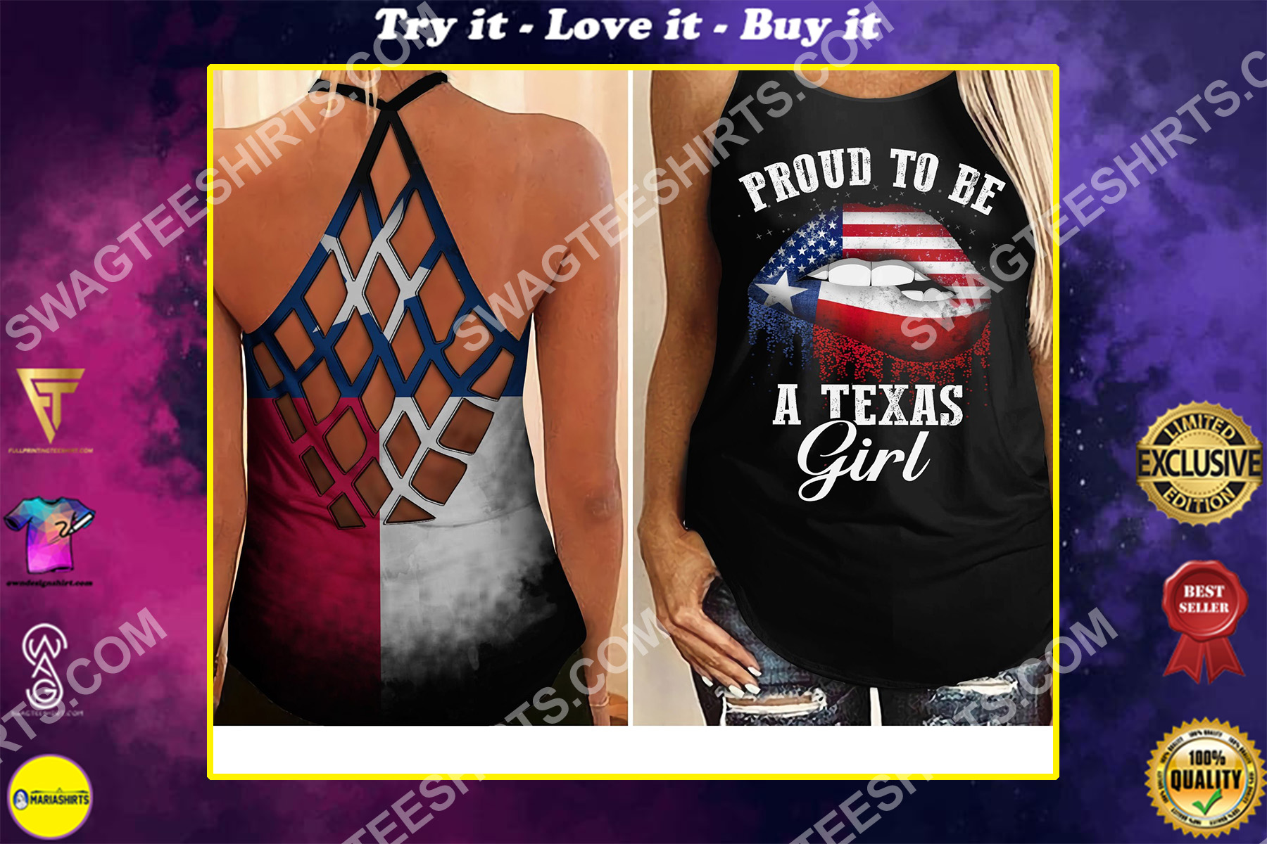 proud to be a texas girl all over printed criss-cross tank top