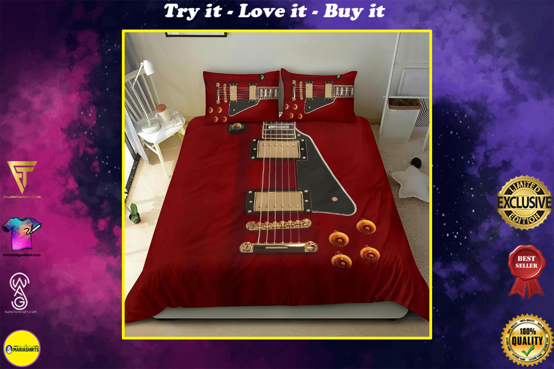 red guitar all over printed bedding set