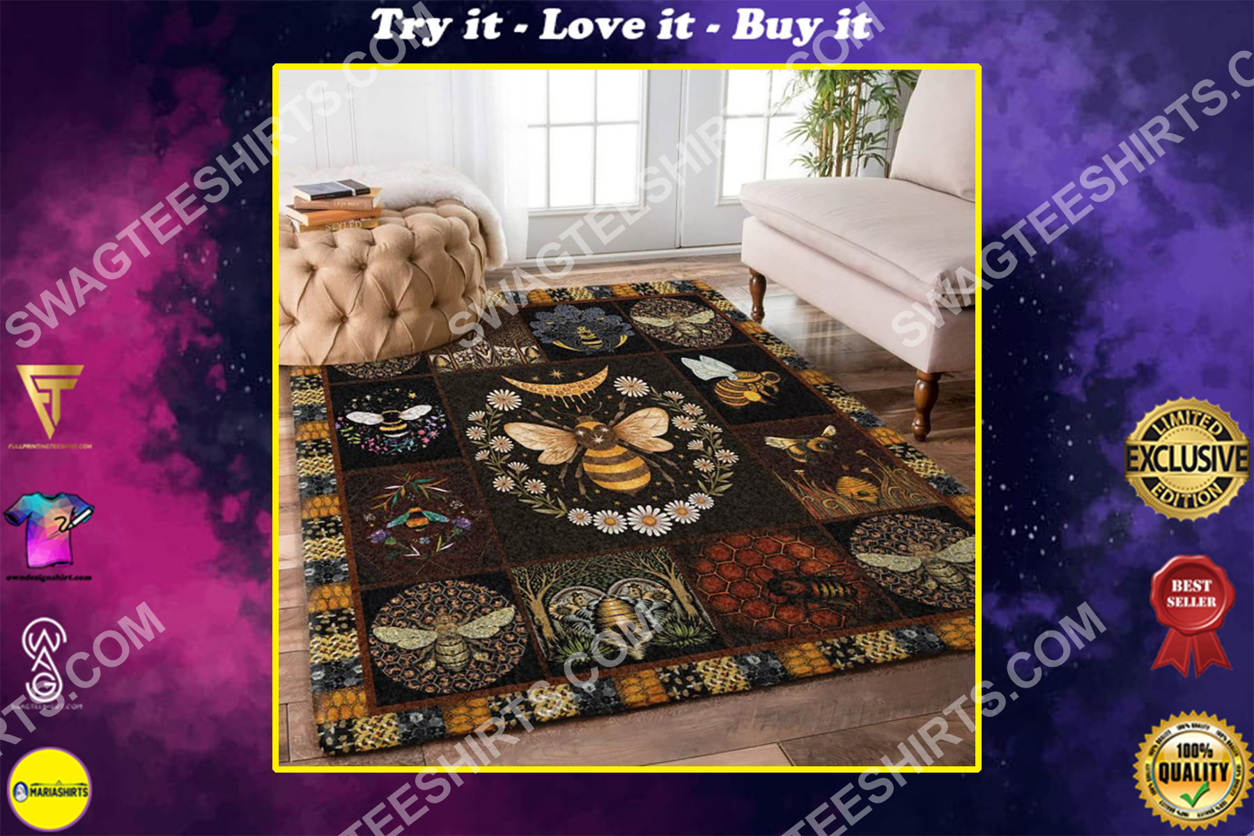 retro bee and flower full printing rug