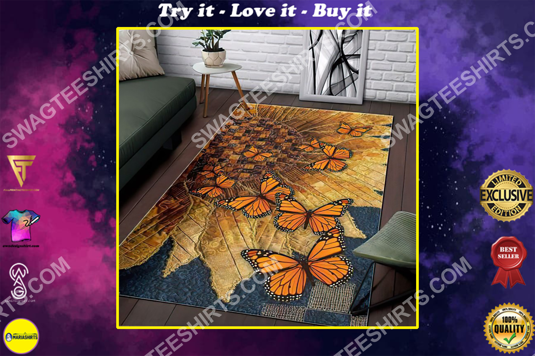 retro butterflies and sunflower full printing rug