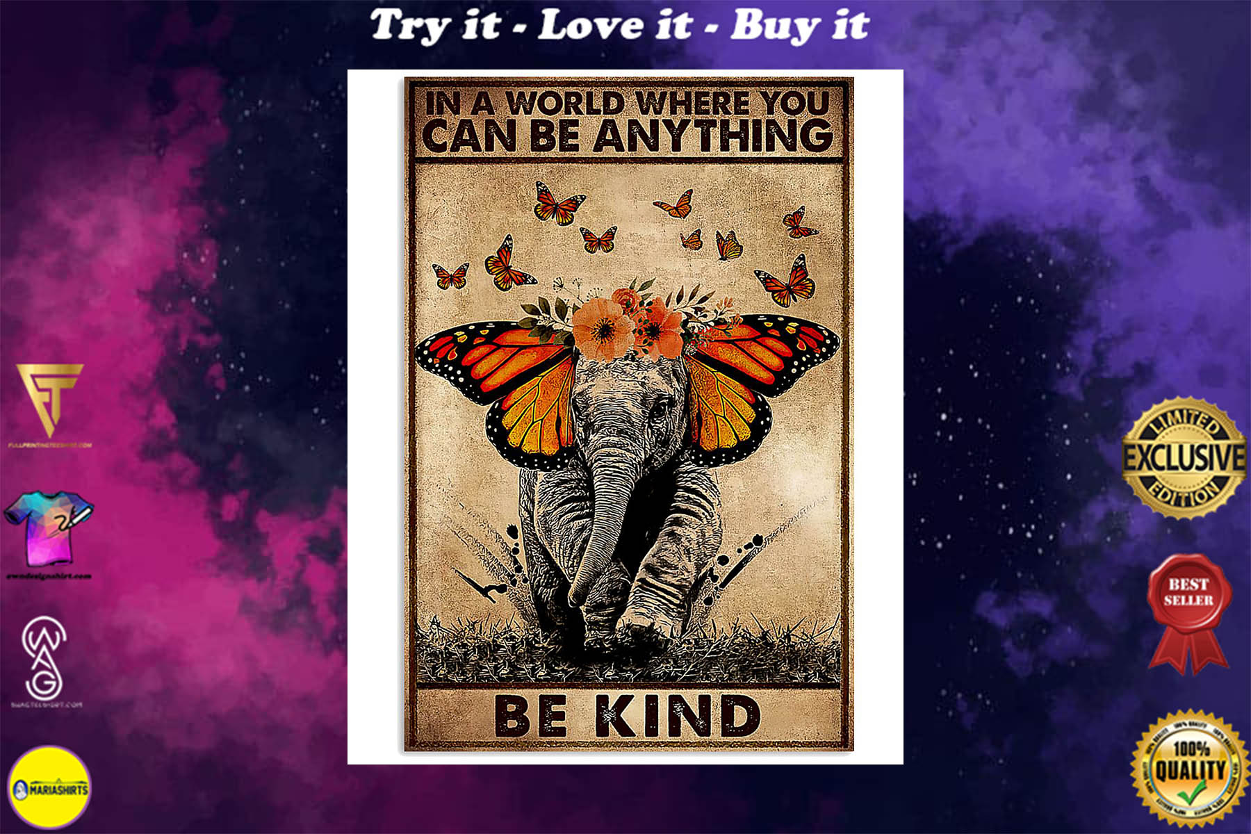 [highest selling price] in a world where you can be anything be kind elephant retro poster