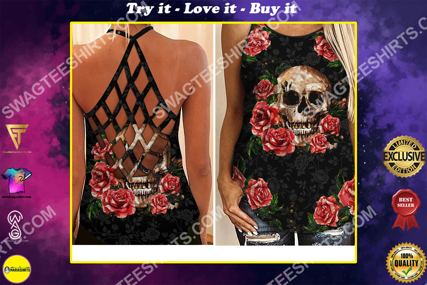 skull and roses all over printed criss-cross tank top