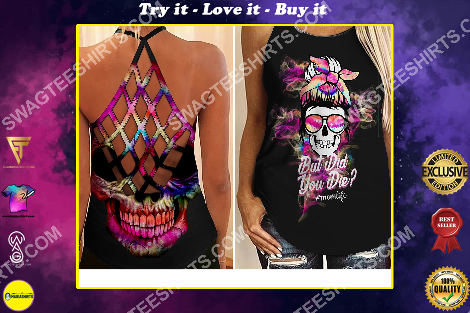 skull but did you die mom life all over printed criss-cross tank top