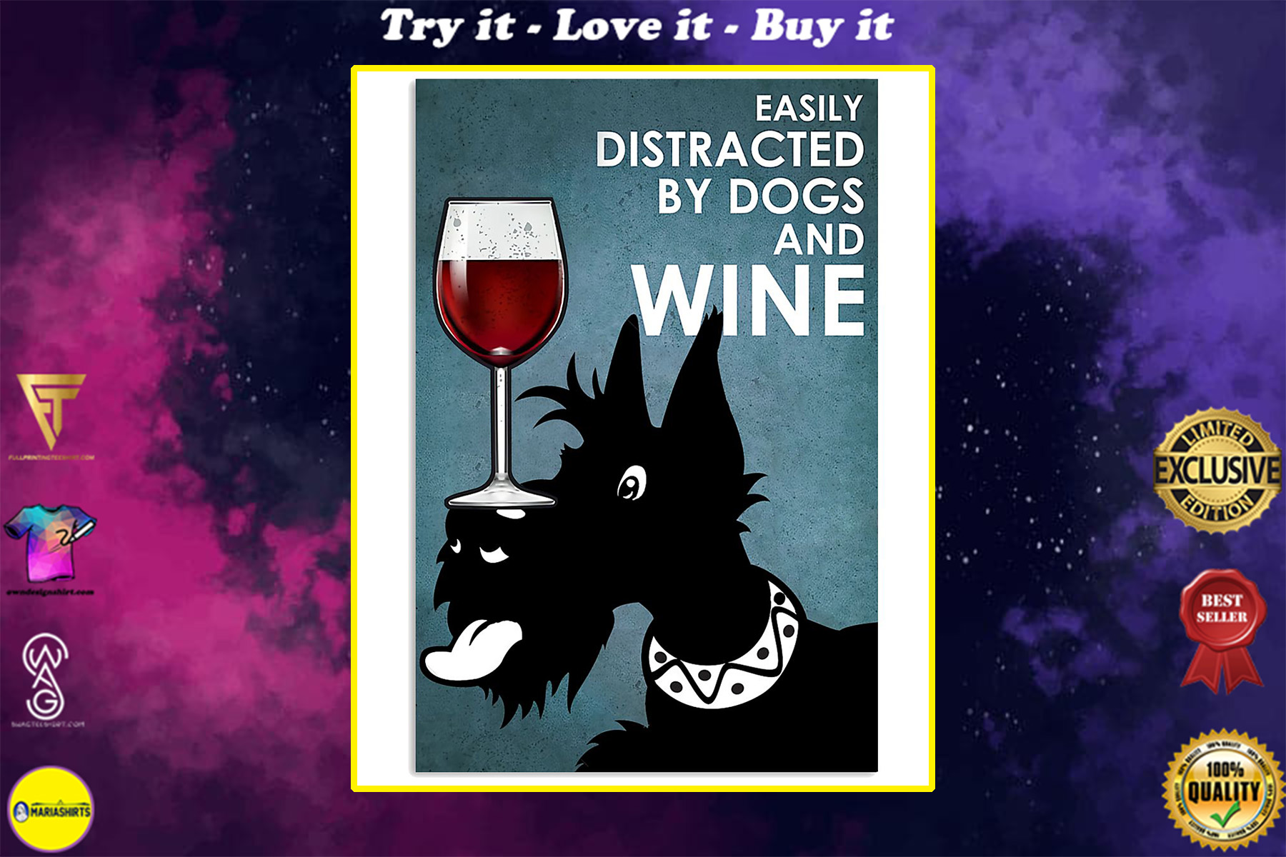 small black terrier easily distracted by dogs and wine poster