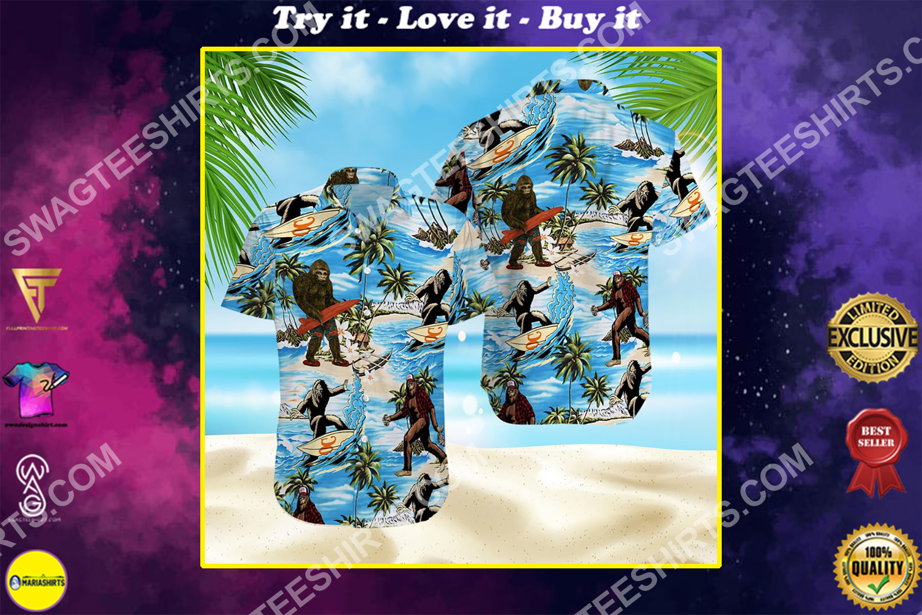 summer time bigfoot surfing all over print hawaiian shirt