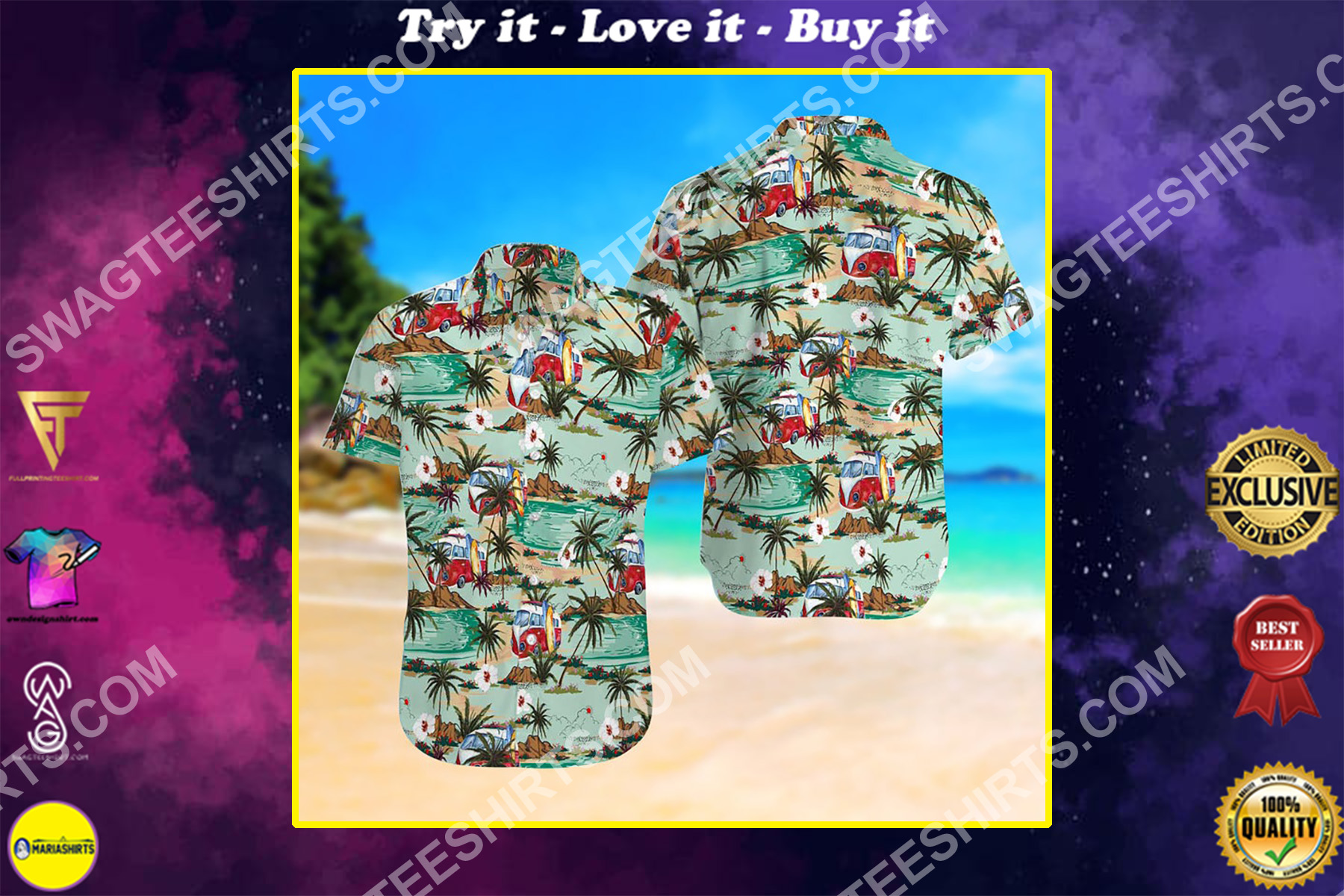 summer time hippie bus all over print hawaiian shirt