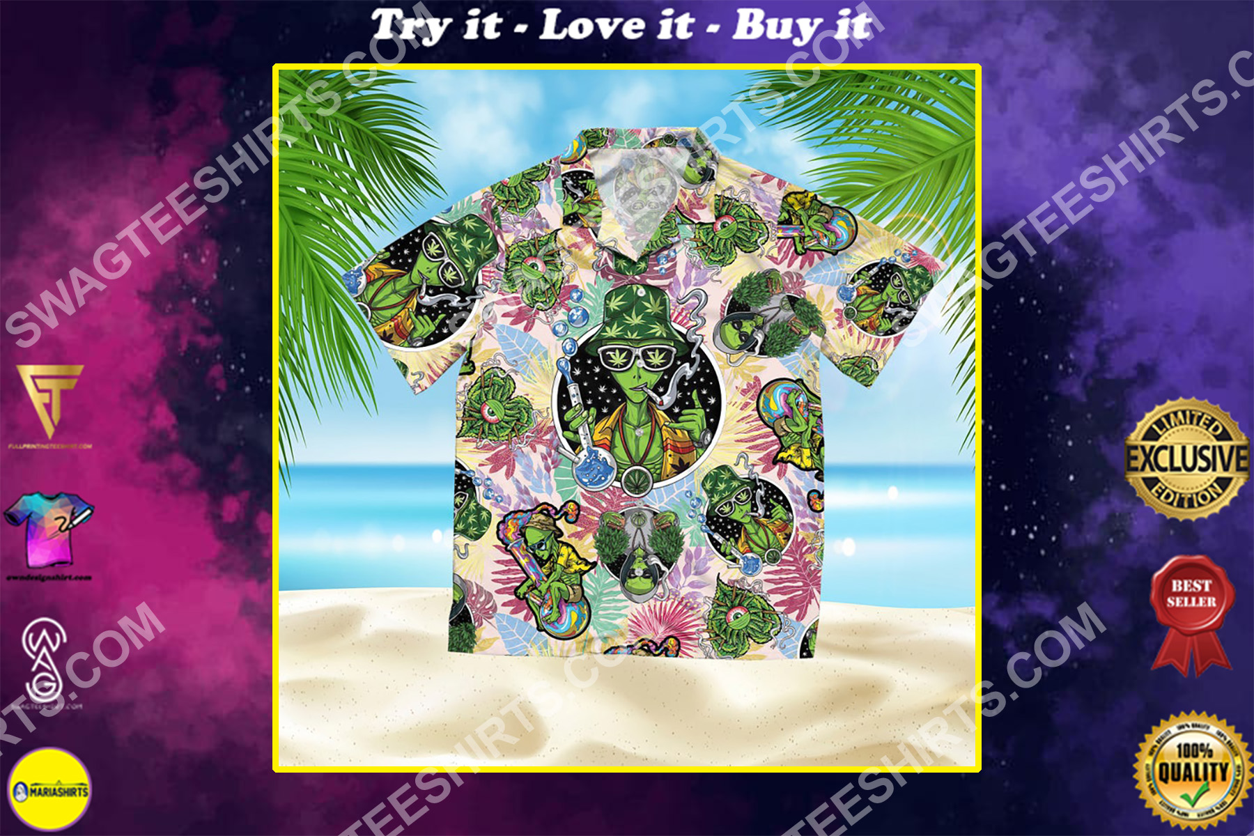summer time tropical alien cannabis all over print hawaiian shirt