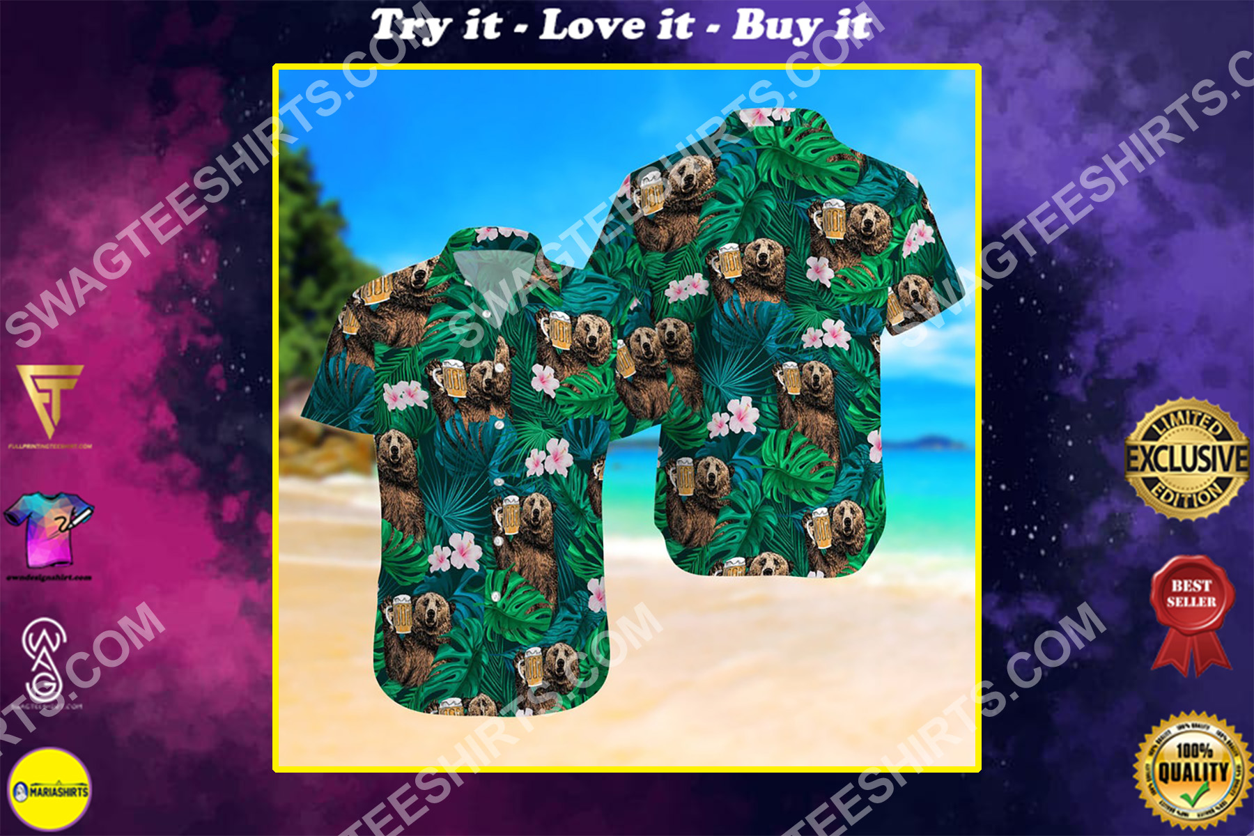 summer time tropical bear and beer all over print hawaiian shirt