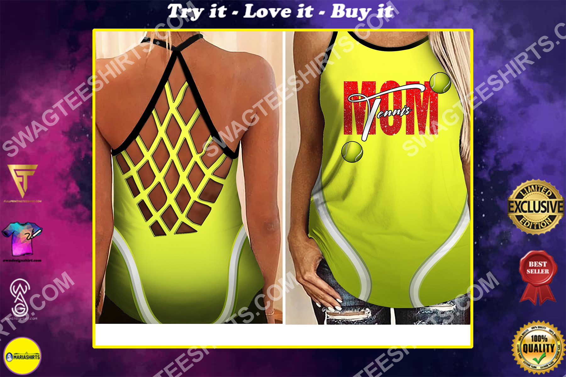 tennis mom all over printed criss-cross tank top