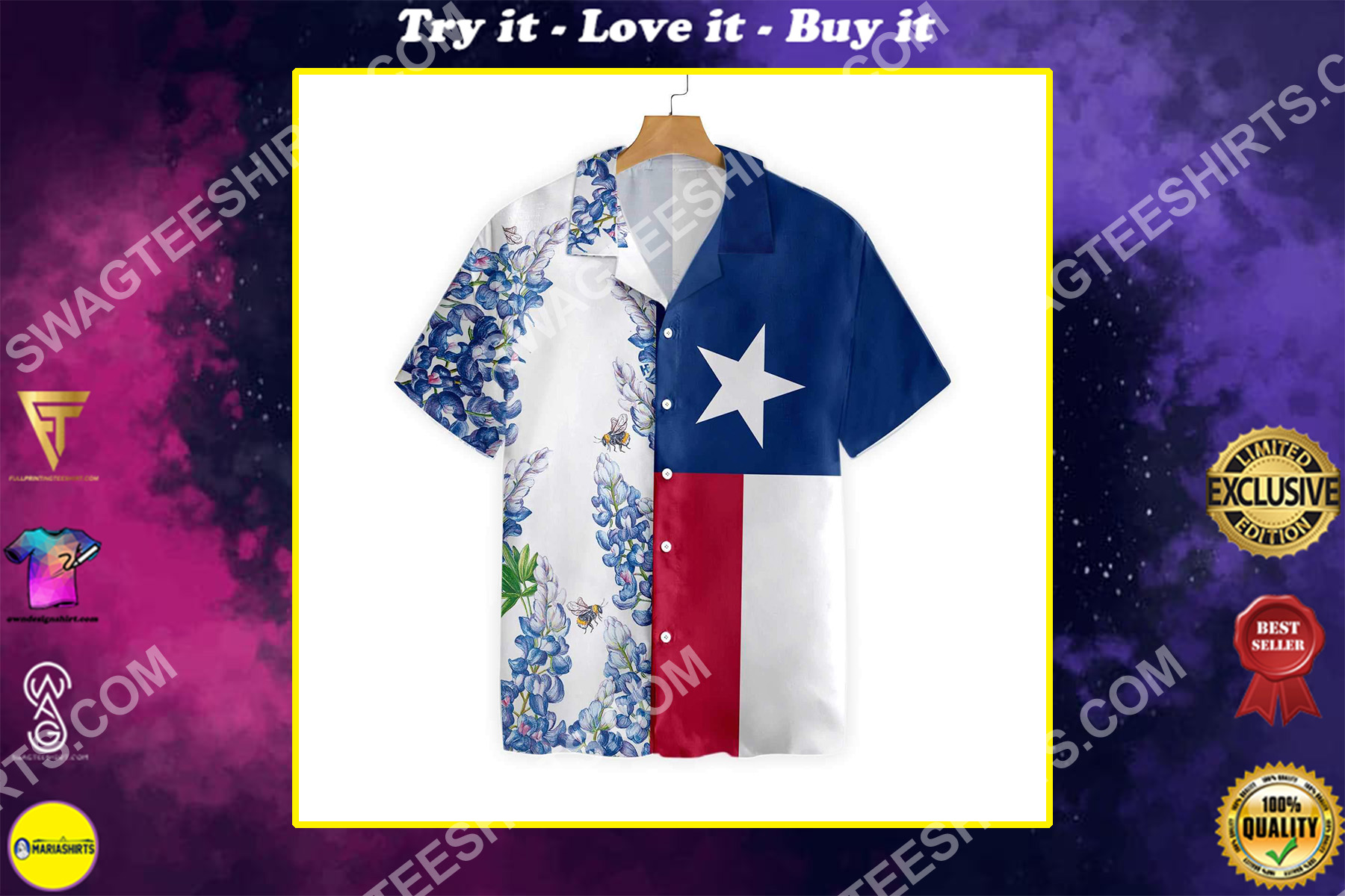 texas flag and bluebonnets flower all over printed hawaiian shirt
