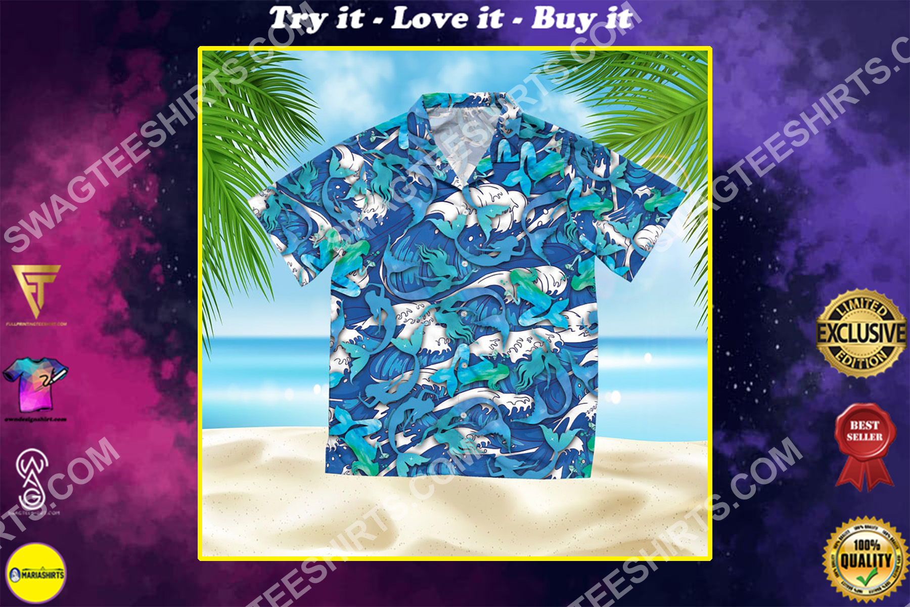 the mermaid summer vacation all over print hawaiian shirt