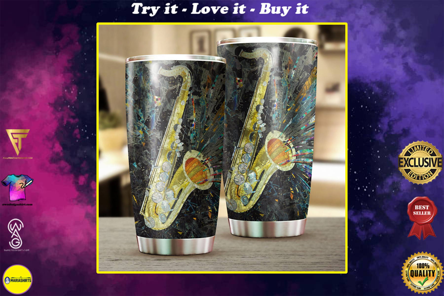 the saxophone art all over print stainless steel tumbler