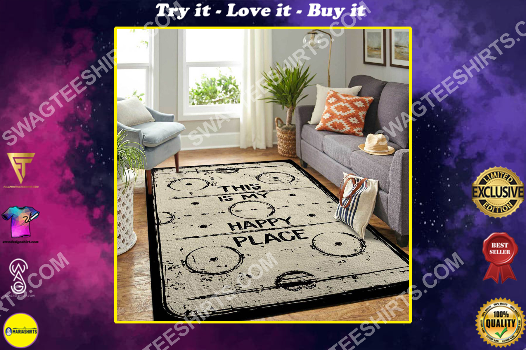 this is my happy place rectangle hockey all over printed rug