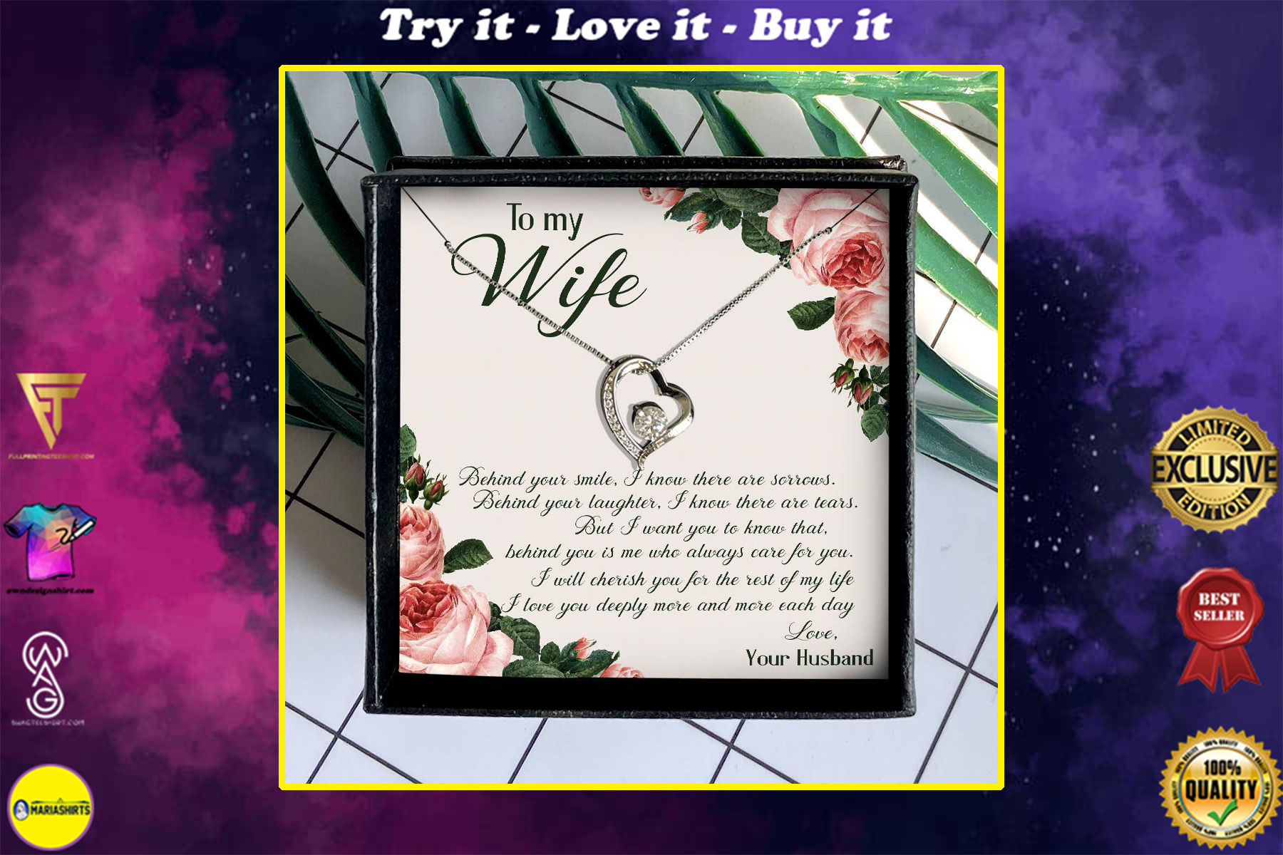 to my wife behind your smile i know there are sorrows husband roses hearts necklace