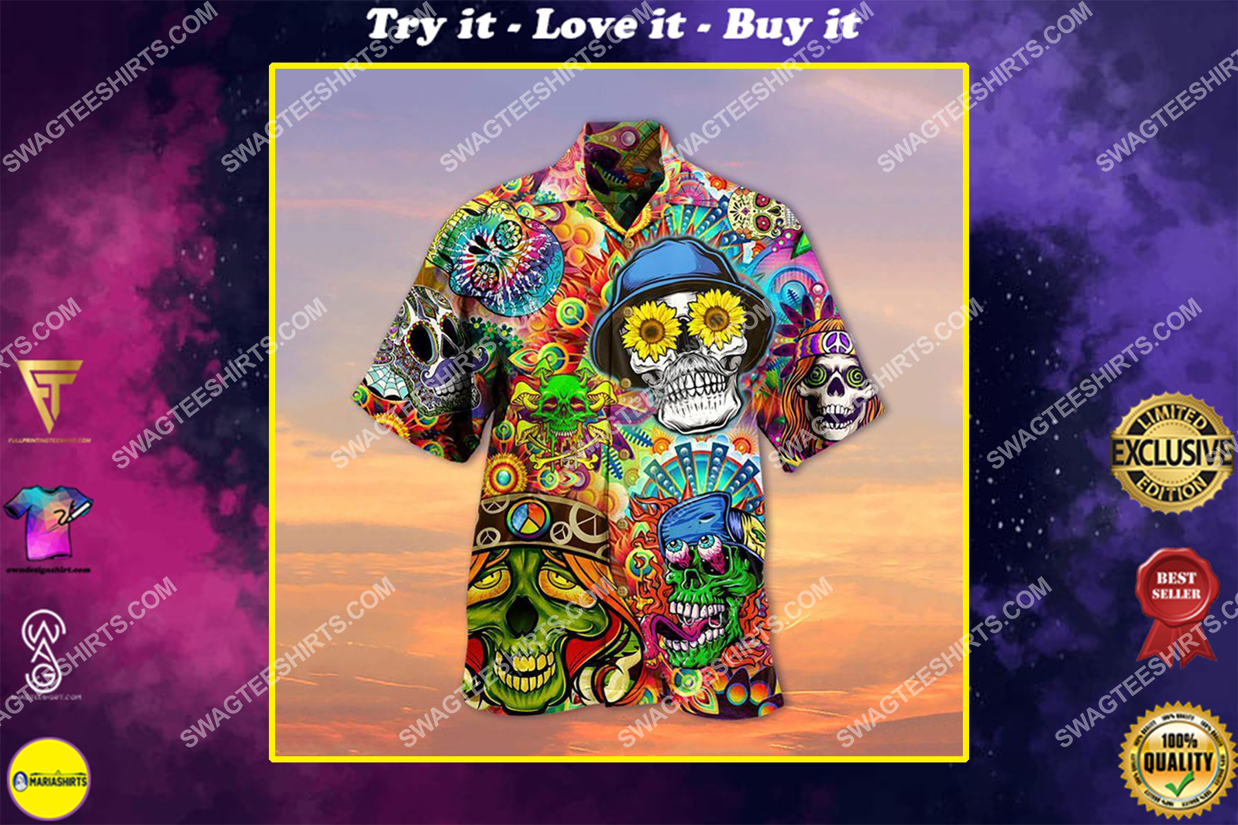 tropical skull hippie style all over printed hawaiian shirt