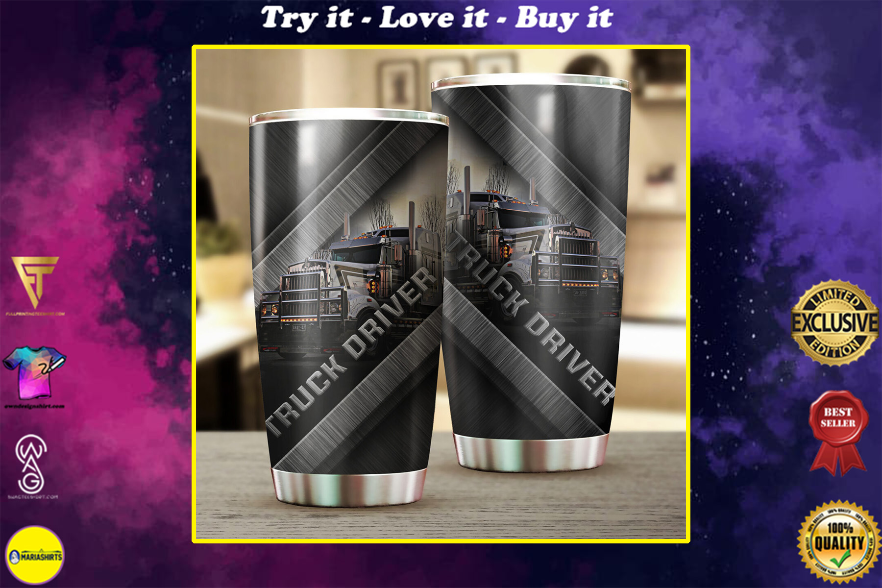 truck driver metal all over print stainless steel tumbler