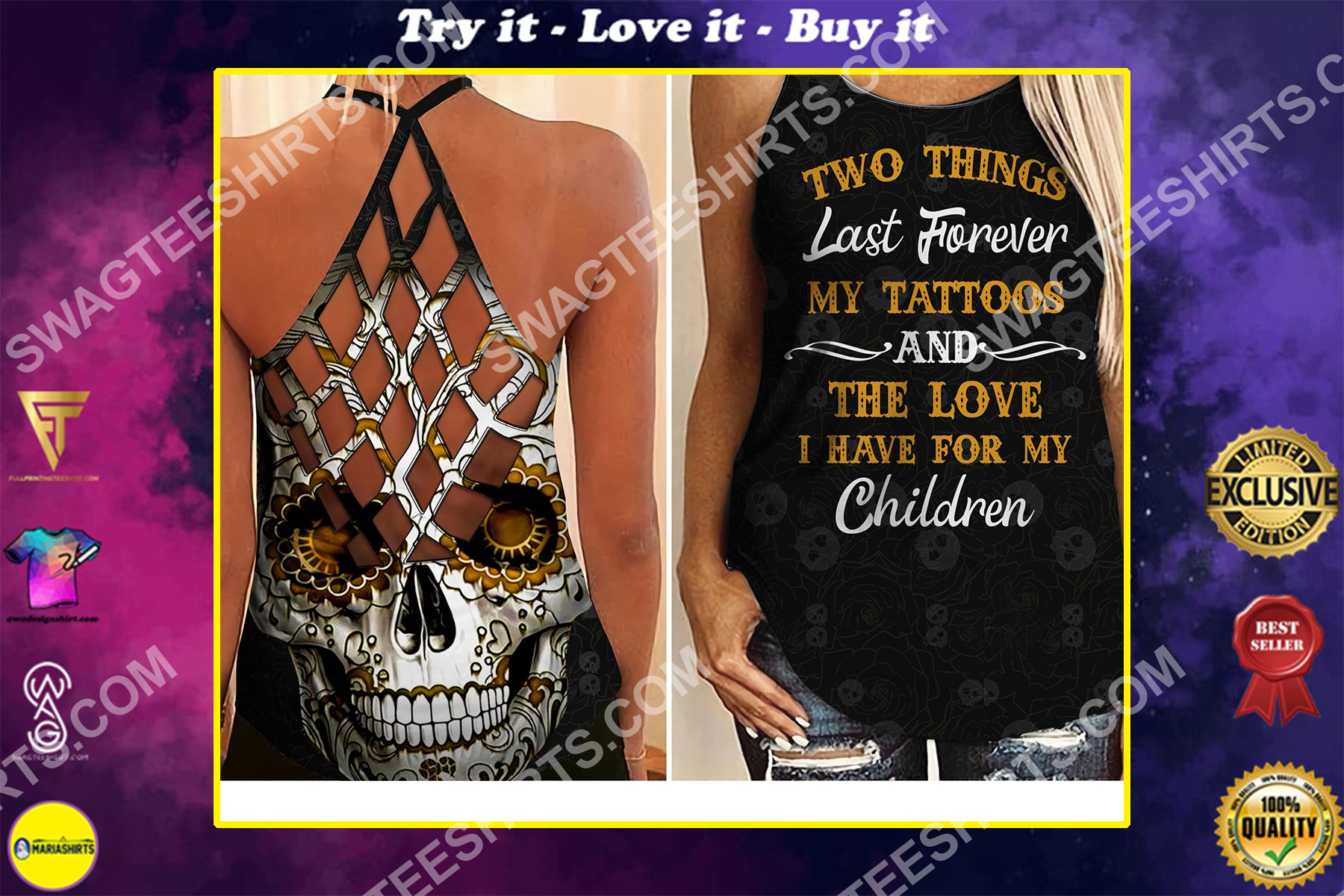 two things last forever my tattoos the love i have for my children criss-cross tank top