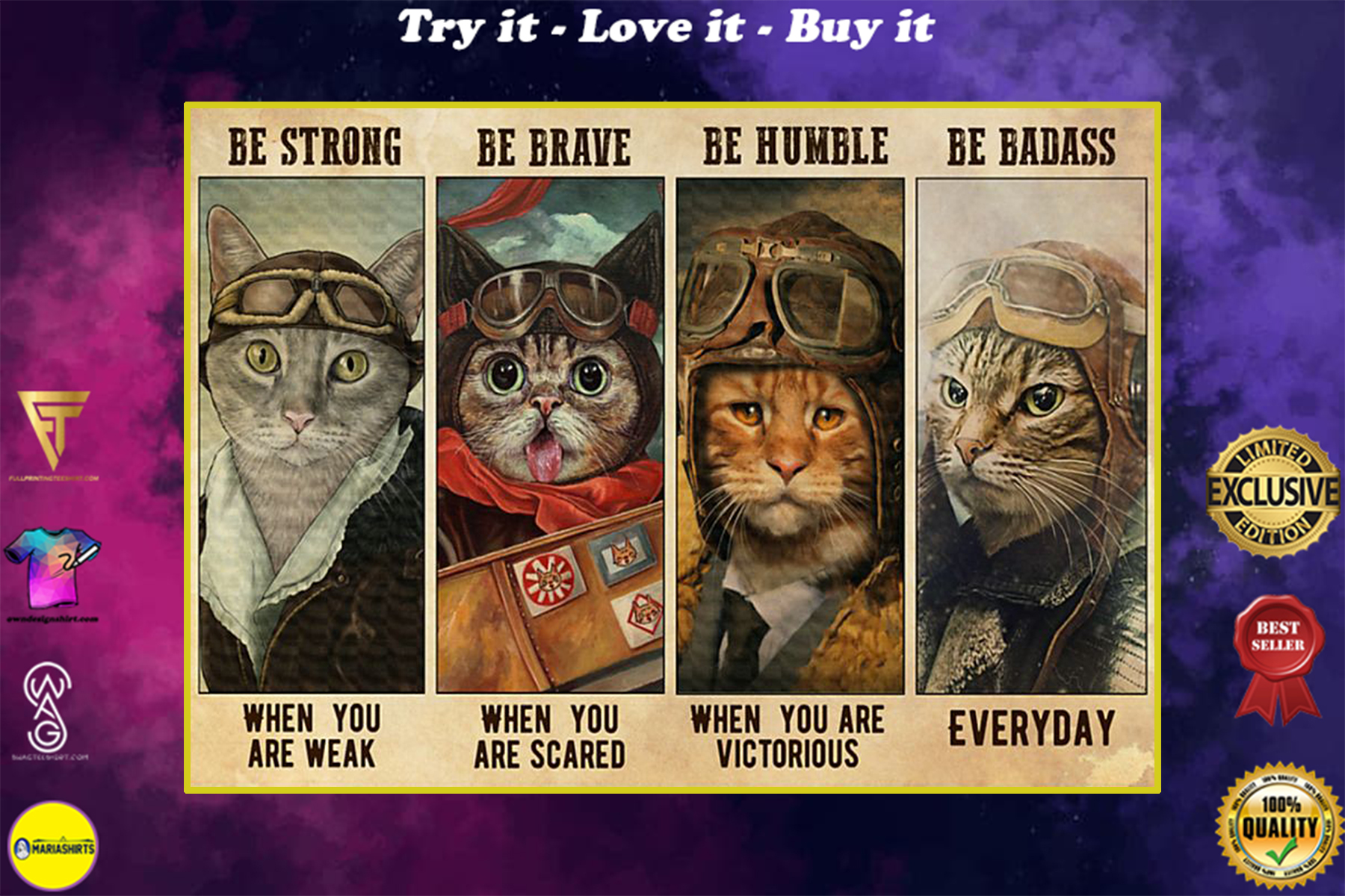 vintage cat pilot be strong when you are weak be brave when you are scared poster