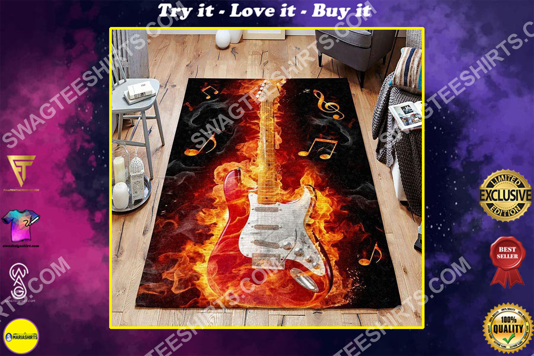 vintage guitar and fire all over printed rug
