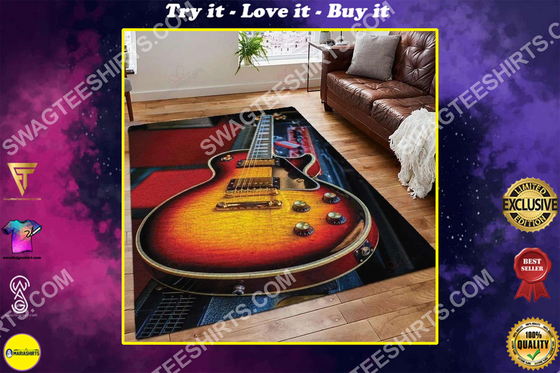 vintage guitar lovers art all over printed rug
